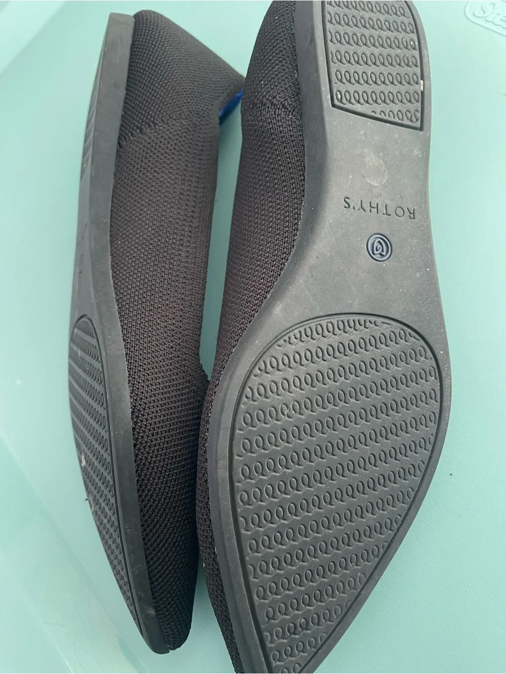 Rothy's Black Pointed Knit Flats with Blue Trim | Size 7.5 - Picture 2 of 4